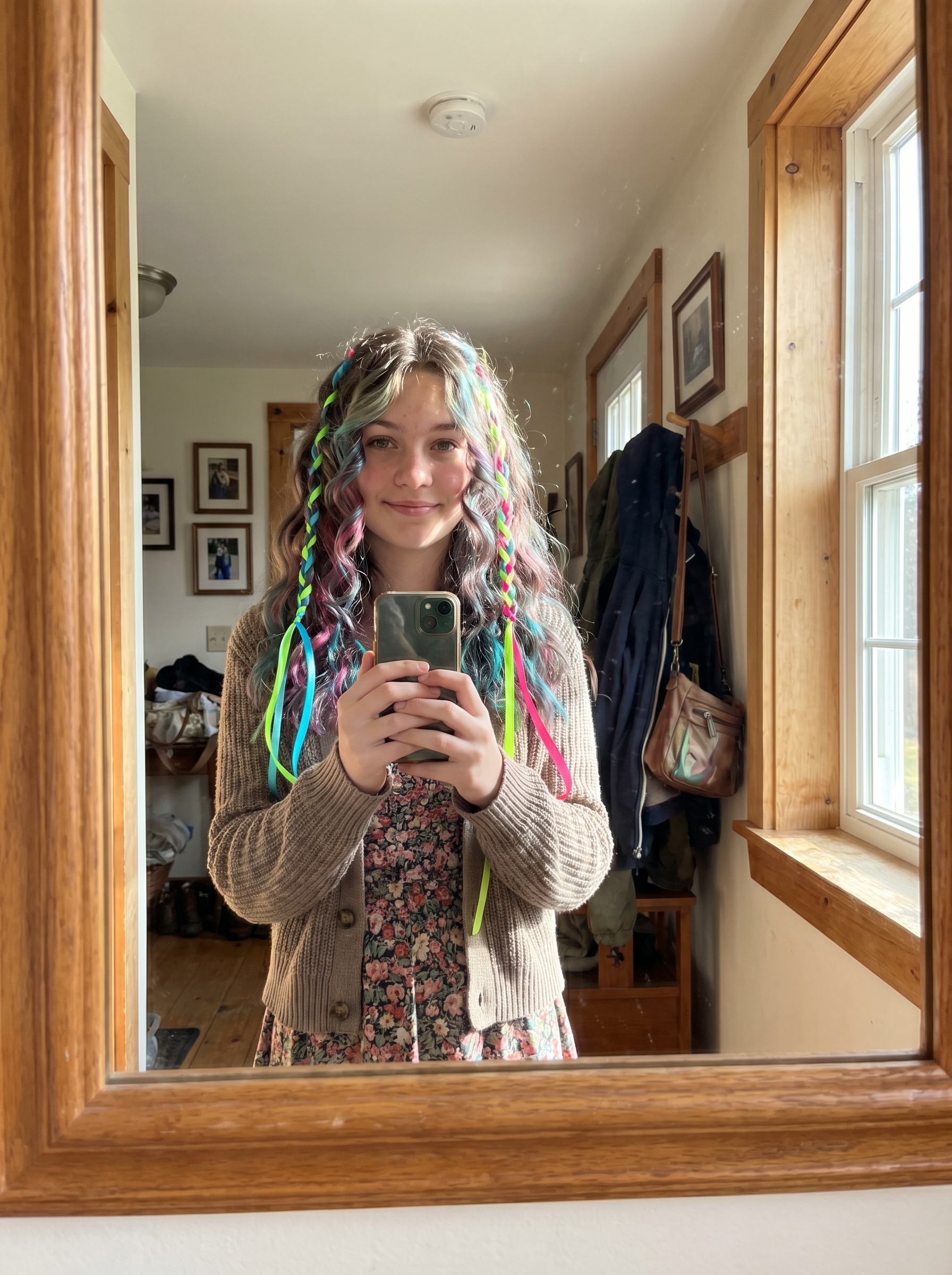 Playful Cyber-Cottagecore ribbon braids in pastel and neon, a whimsical summer hairstyle for teenage girls 2026 perfect for festivals.