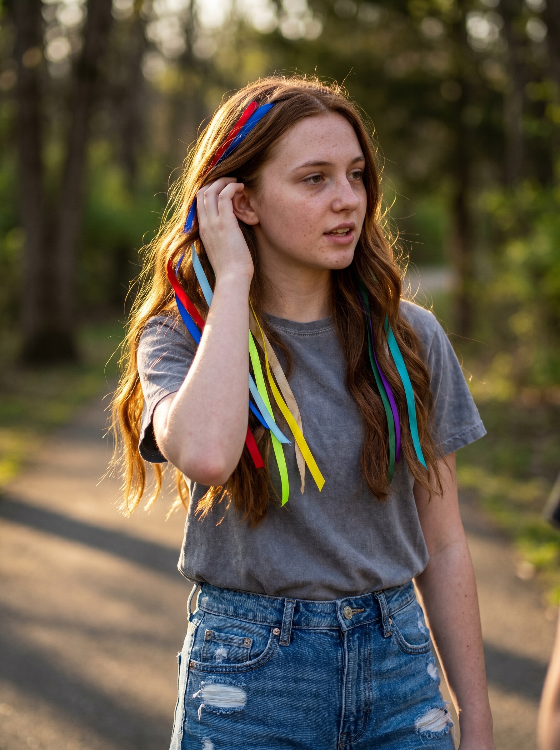 Whimsical Cyber-Cottagecore ribbon waves with neon satin, a dreamy summer hairstyle for teenage girls 2026 for festivals and camps.