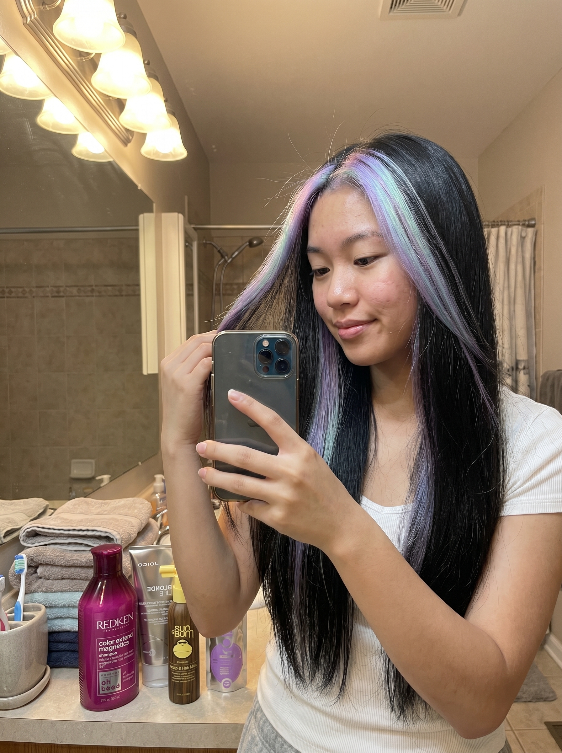 Playful Holographic Money Piece Accents in lavender and mint, a creative summer hairstyle for teenage girls in 2026 for festivals.