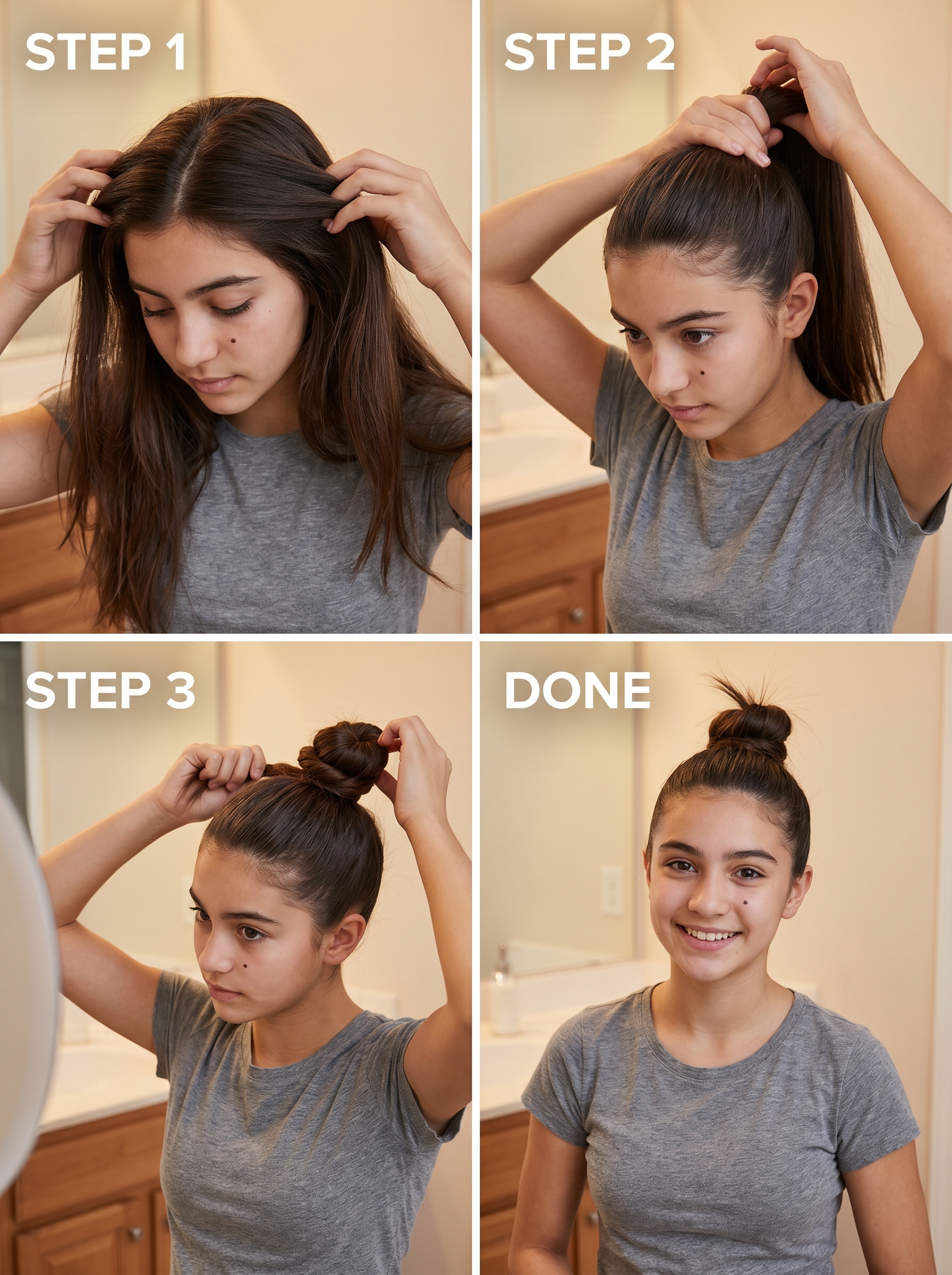Sleek Scandi-Slick Spiky Bun, a minimalist summer hairstyle teenage girls 2026 can wear for everyday casual outings or sports. Styled with strong-hold balm.