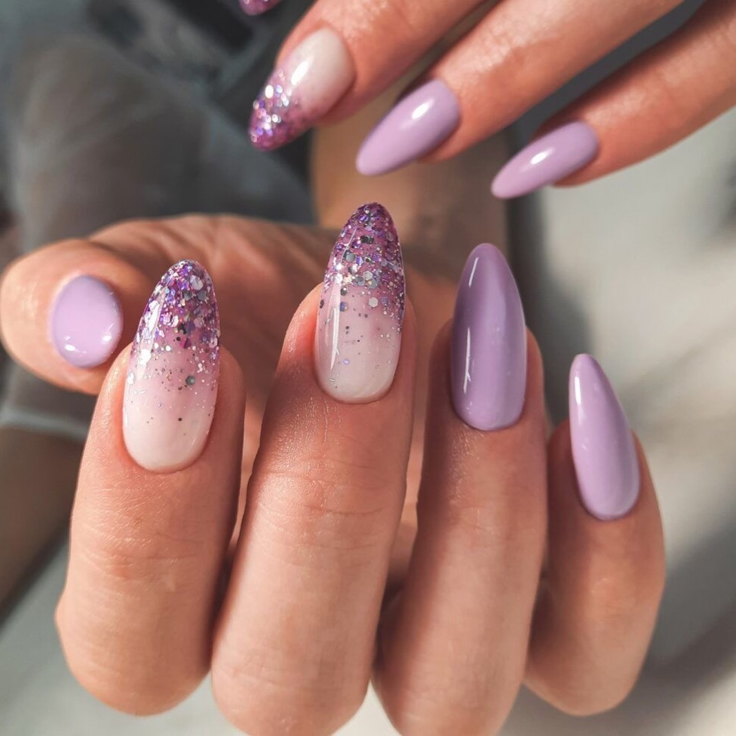 Summer Lilac Glitter Ombre Almond Nails