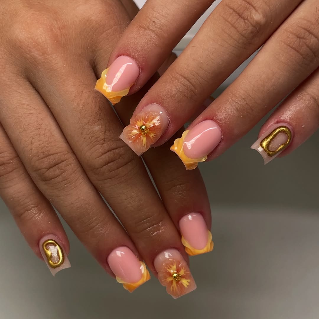 Summer Peach Ruffle French Tips with Floral Accents