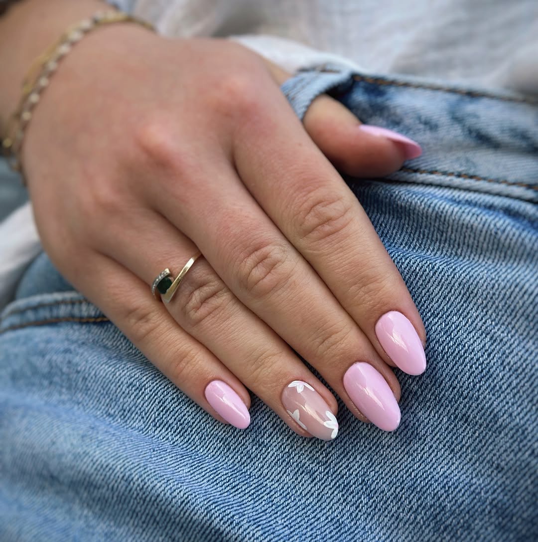 Summer Pink Almond Nails with Delicate White Flowers