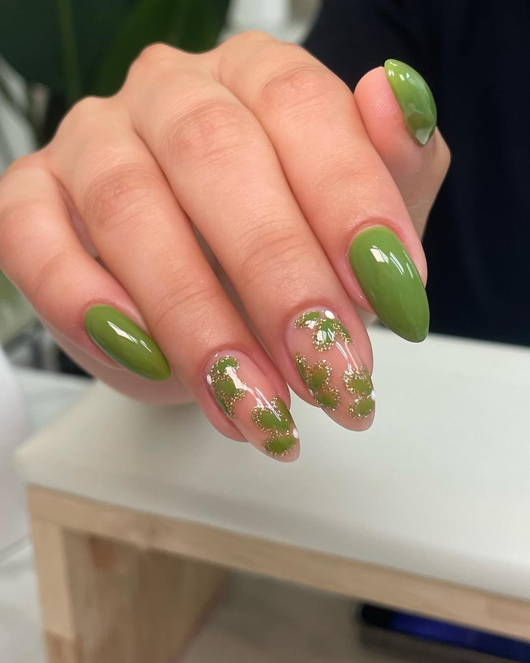 Summer Sage Green Glitter Accent Almond Nails