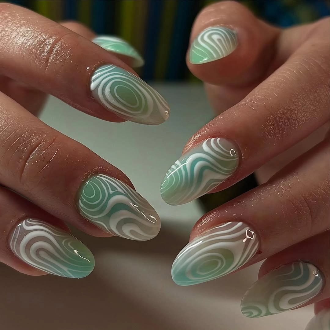 Summer Seafoam Swirl Almond Nails