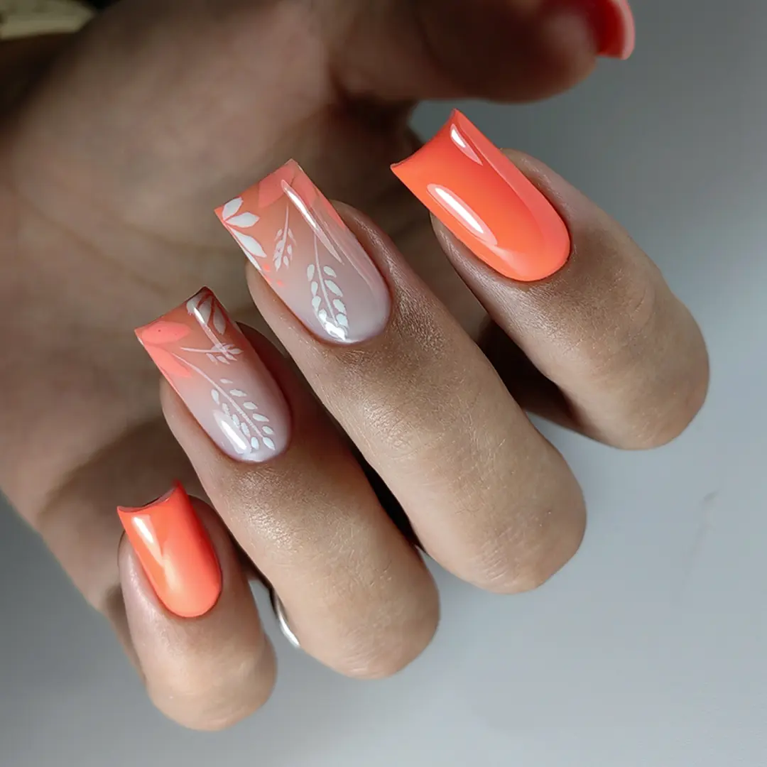 Summer Sunset Ombre Leaves Square Nails