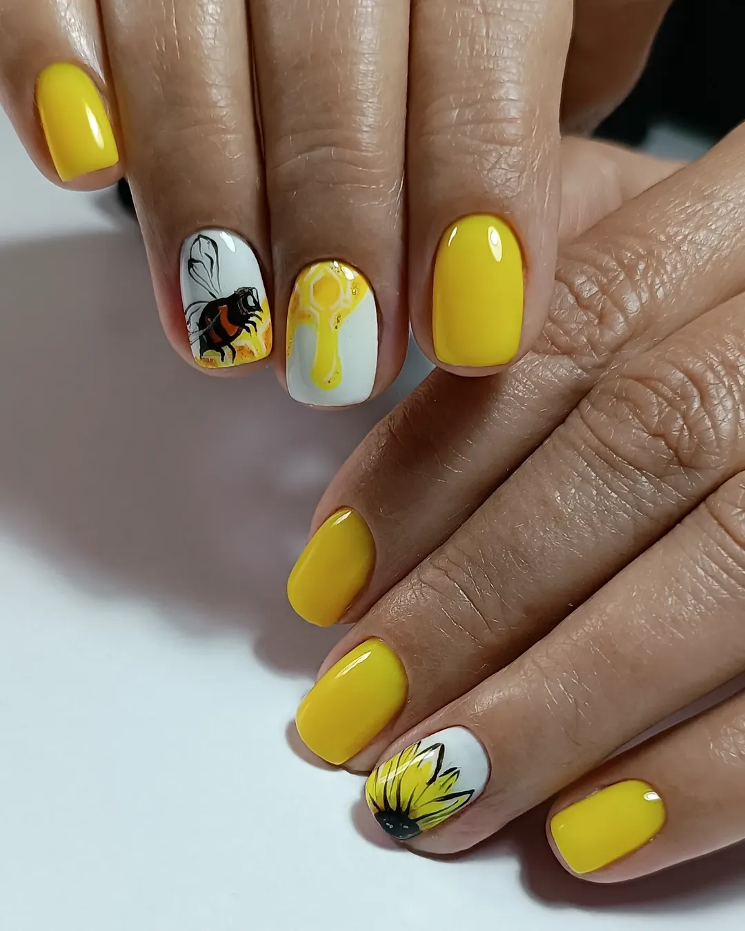 Sunny Yellow Bee and Sunflower Nail Art