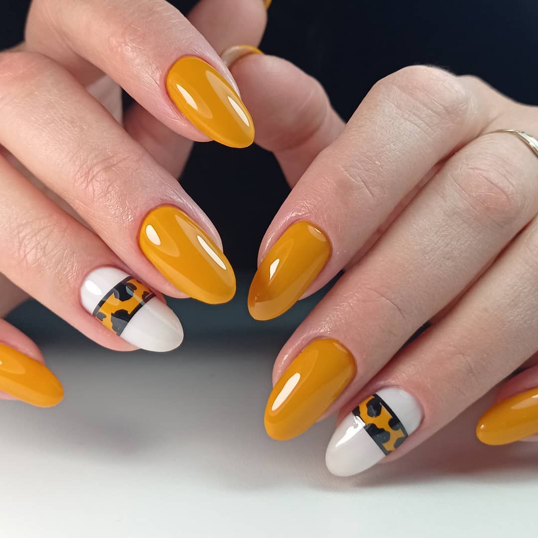Sunny Yellow Glossy Almond Nails with Leopard Accent