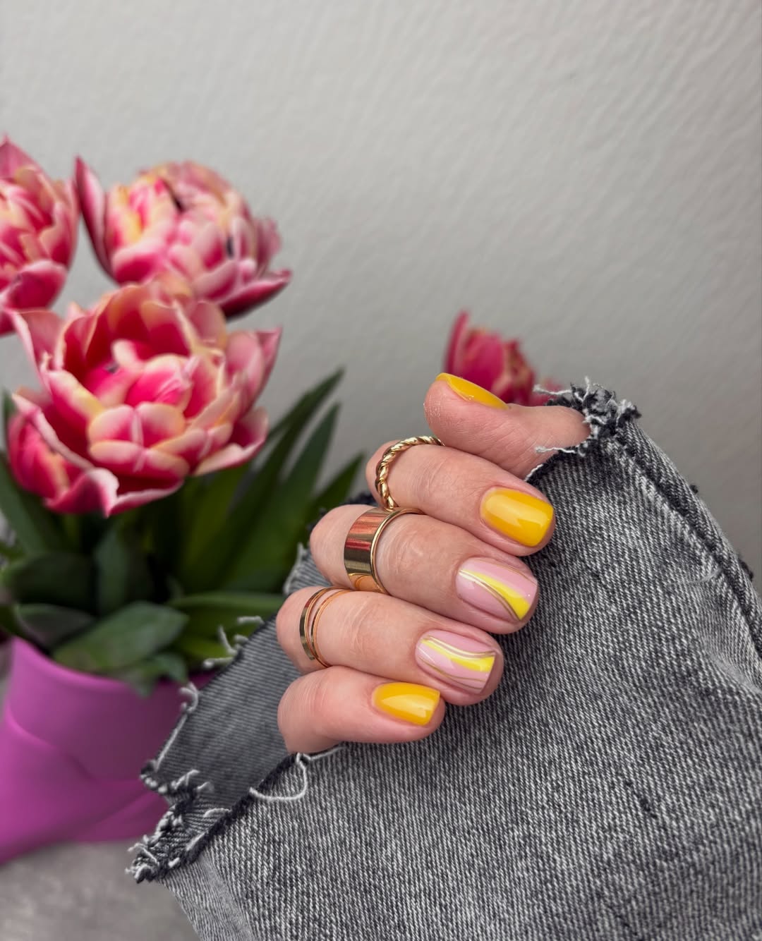 Sunny Yellow Swirls on Nude Square Nails