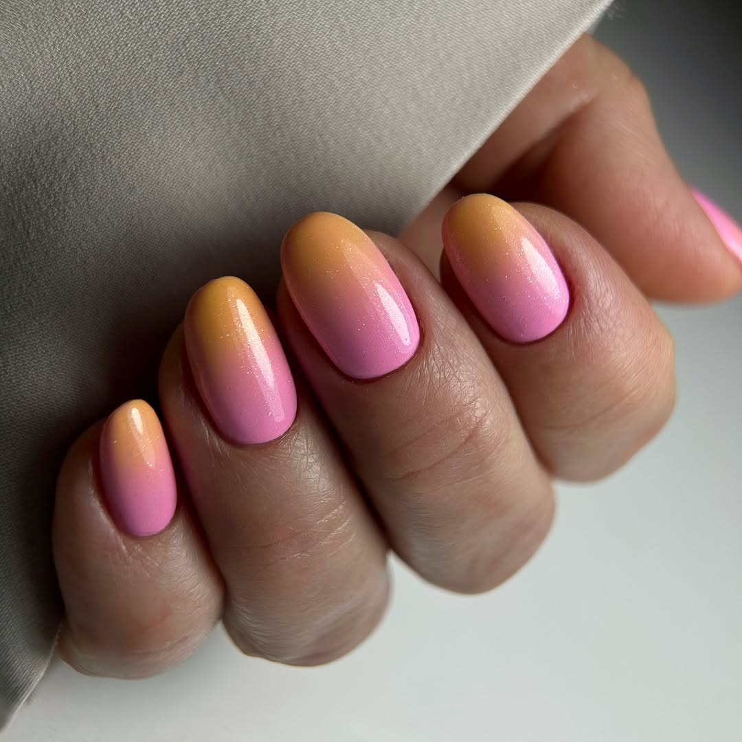 Sunset Glow Pink Orange Ombre Shimmer Oval Nails