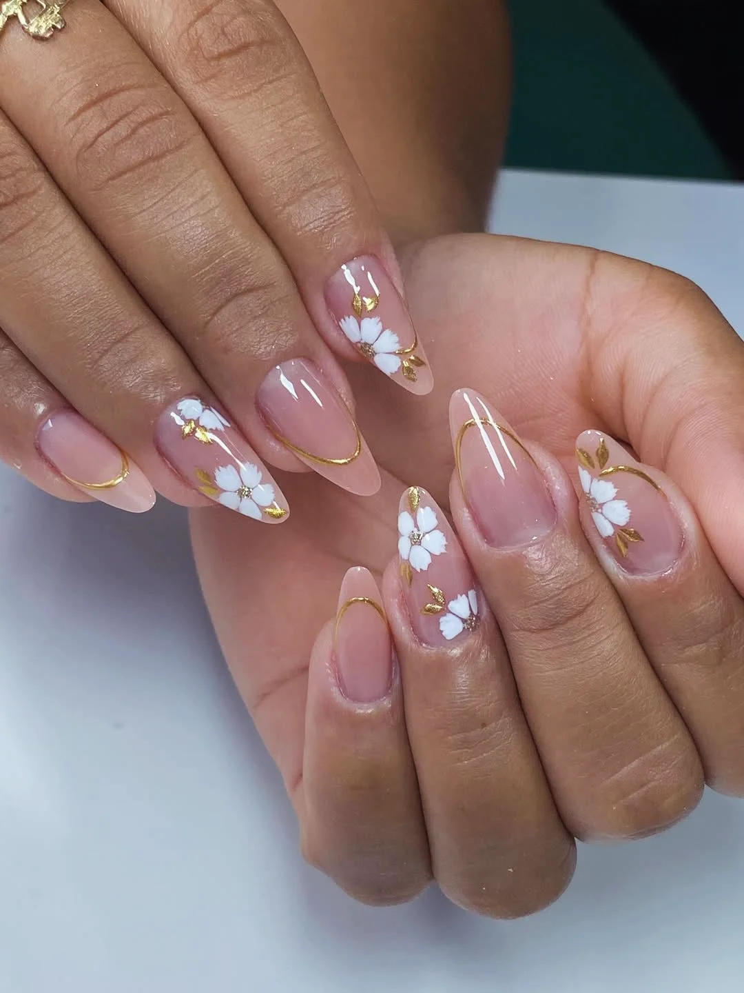 Sweet Peach Ombre Gold Floral Almond Nails