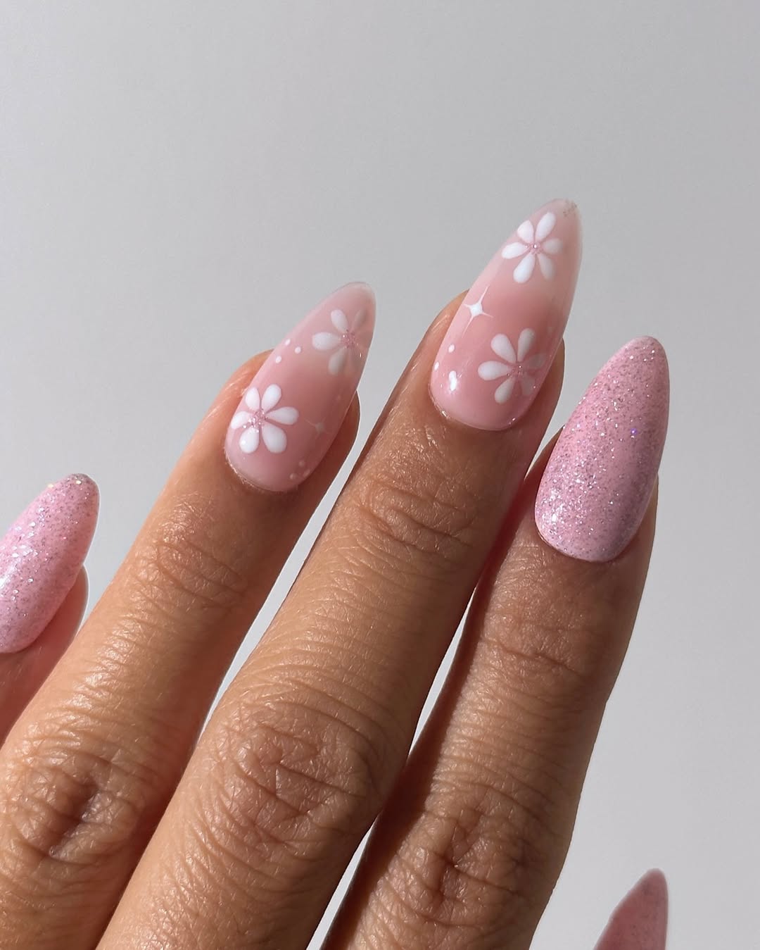Sweet Pink Floral Almond Glitter Nails
