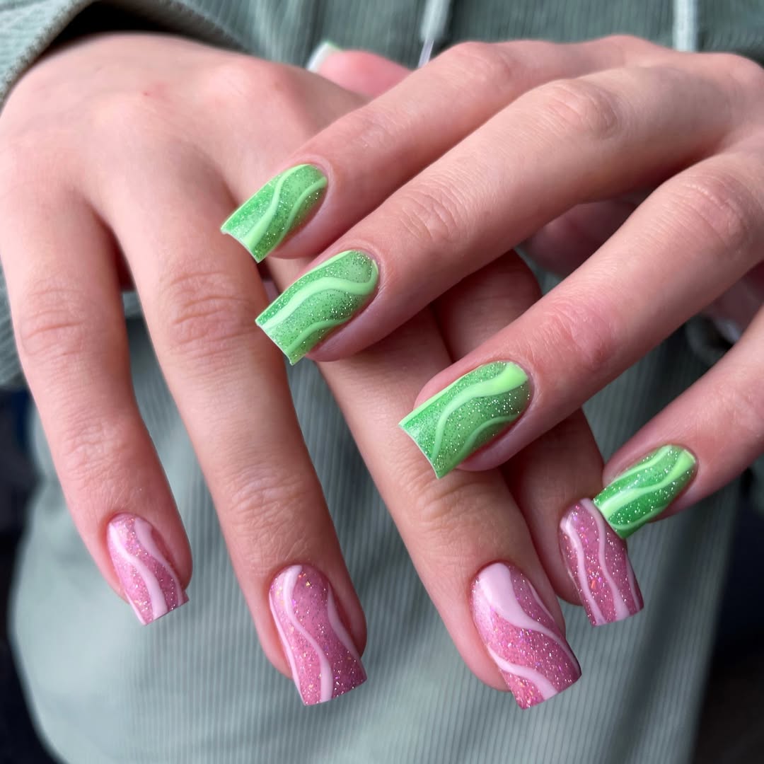 Swirl Glitter Candy Pink Neon Green Summer Nails