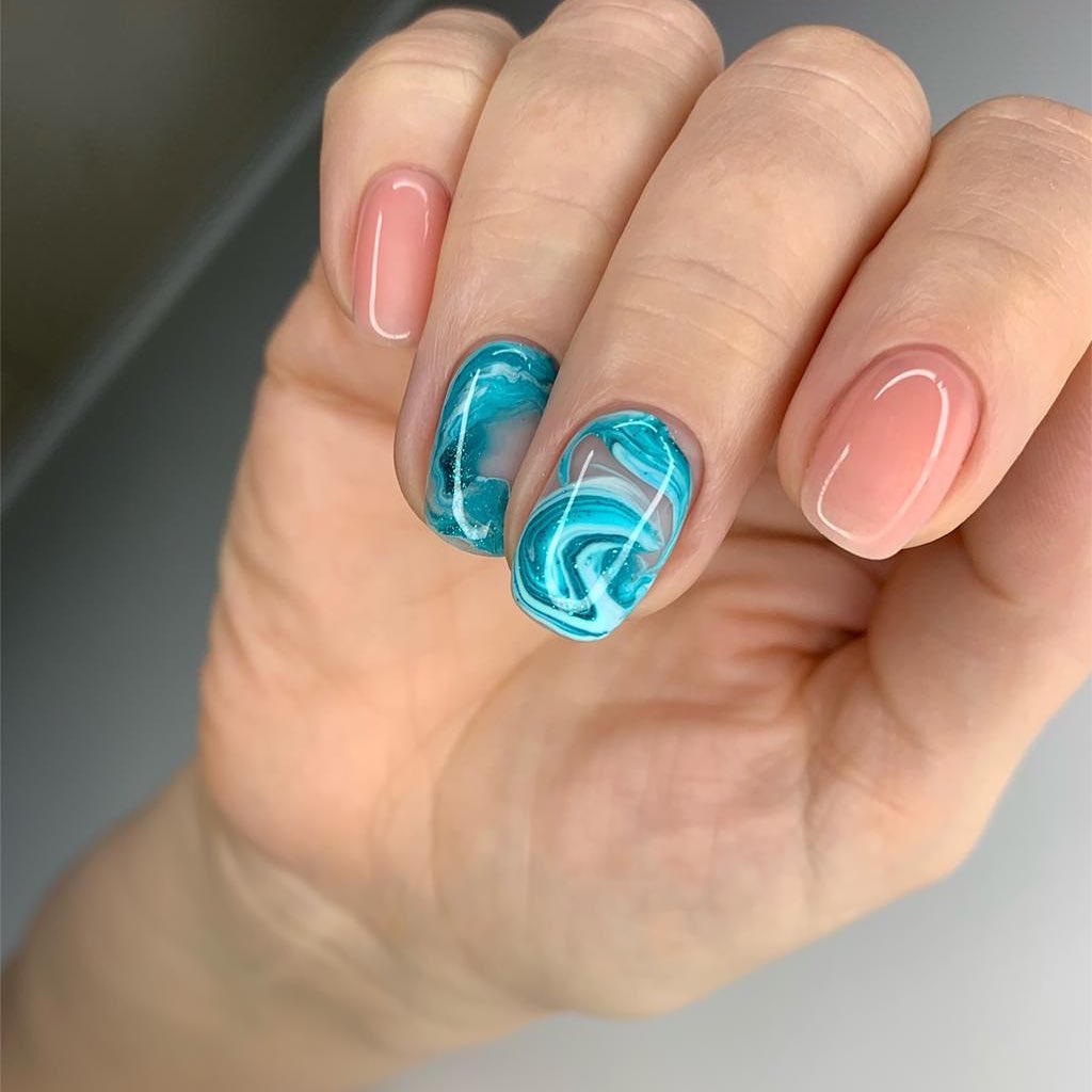 Teal and Nude Ocean Wave Squoval Nails