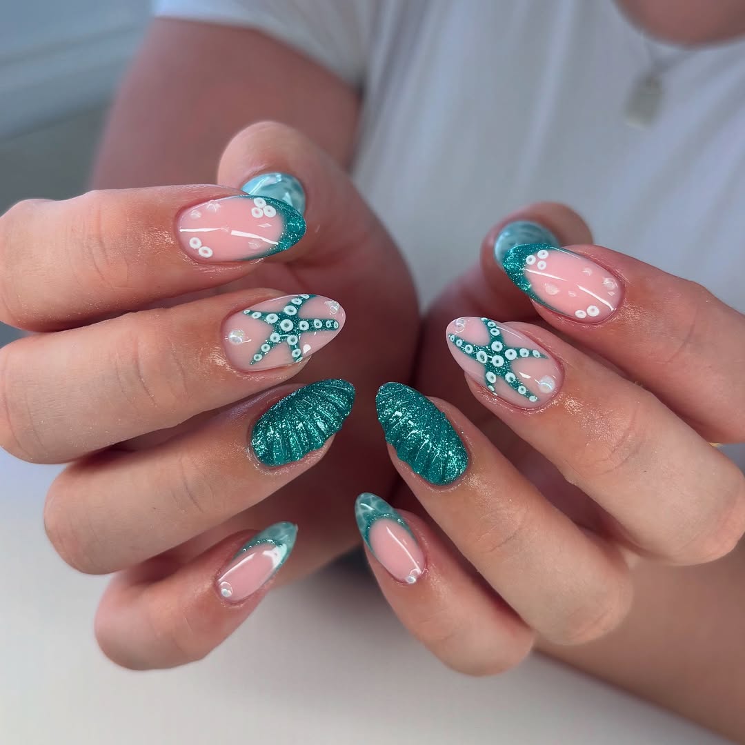 Teal Glitter Sea Shell Starfish Almond Nails