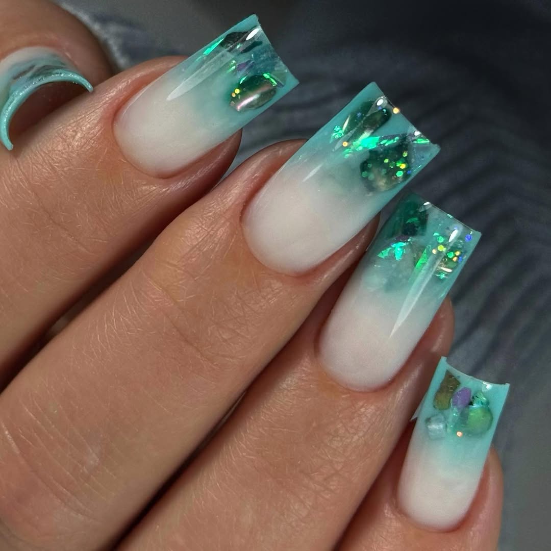 Teal Jelly Ombré Square Holographic Glitter Nails