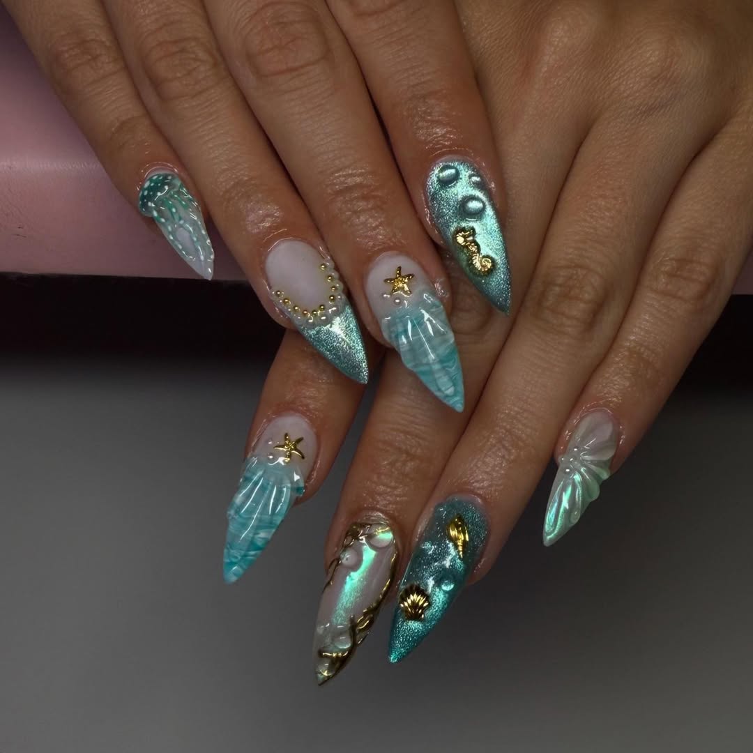 Textured Aqua Sea Life Stiletto Nails