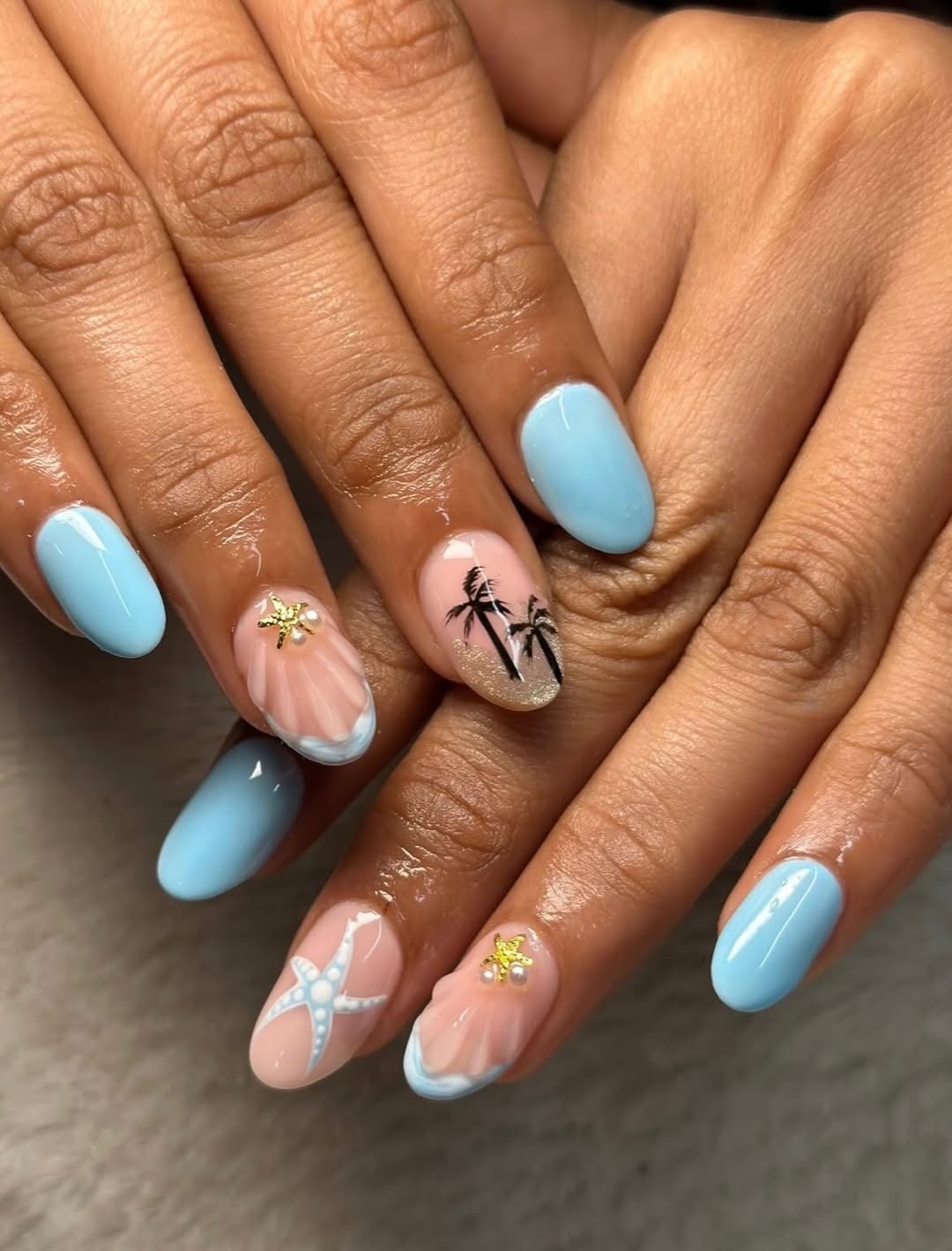 Tropical Aqua Blue Vacation Nails with Beach Art