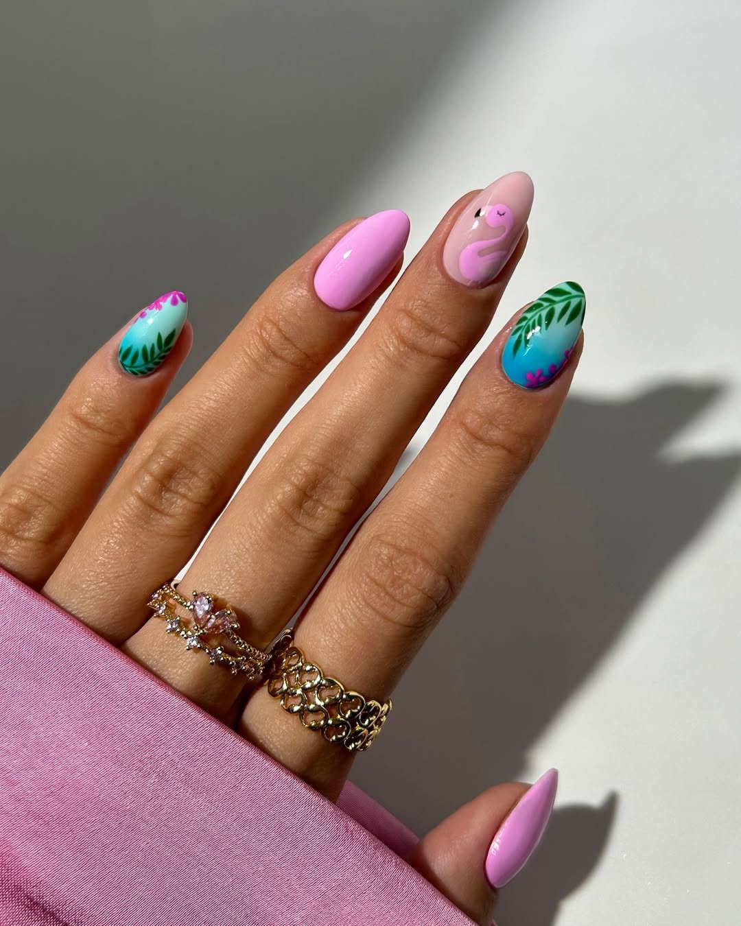 Tropical Flamingo and Foliage Almond Nails