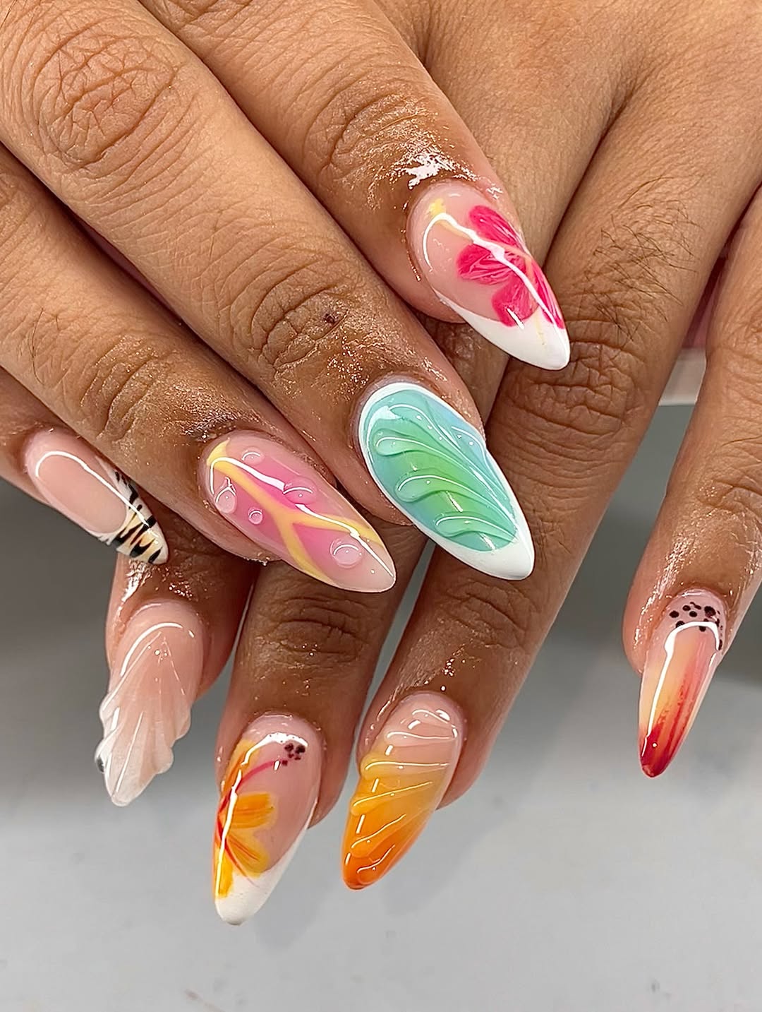 Tropical French Tip Floral 3D Wave Nails