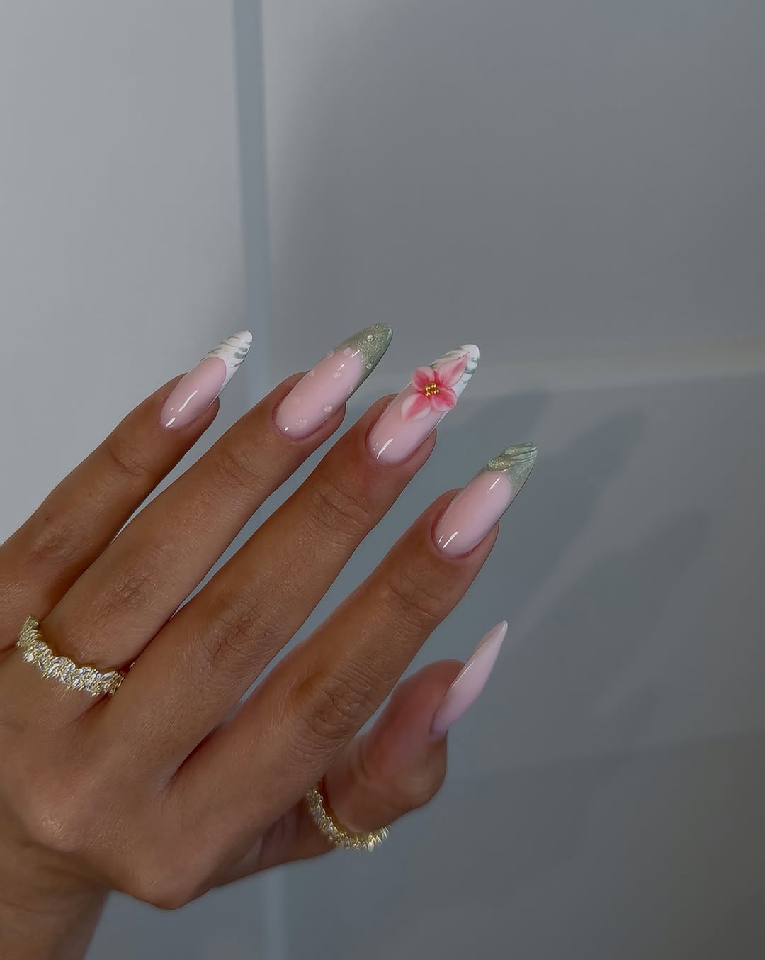 Tropical French Tip Stiletto Nails With 3D Flower