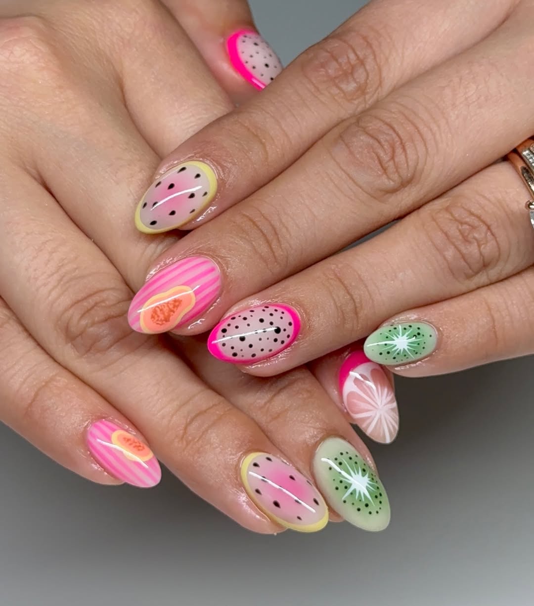 Tropical Fruit Slice Hand-Painted Long Oval Nails