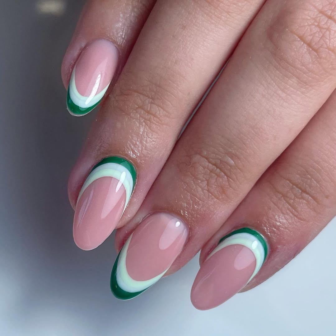 Tropical Greens Swirl French Tip Oval Nails