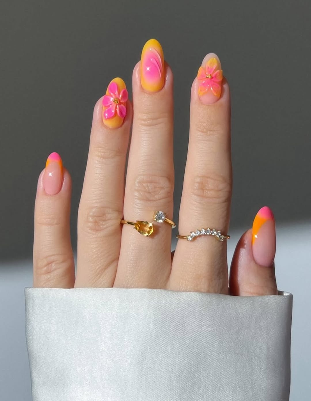 Tropical Ombre Almond Nails With 3D Flowers