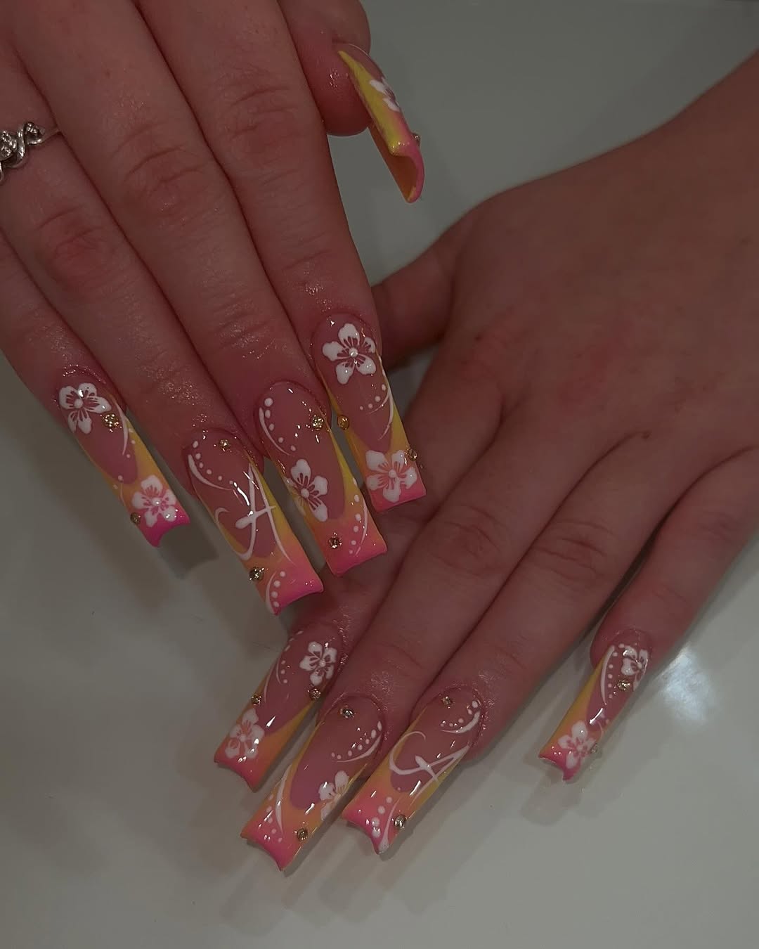 Tropical Sunset Ombre Coffin Nails With Floral Detail