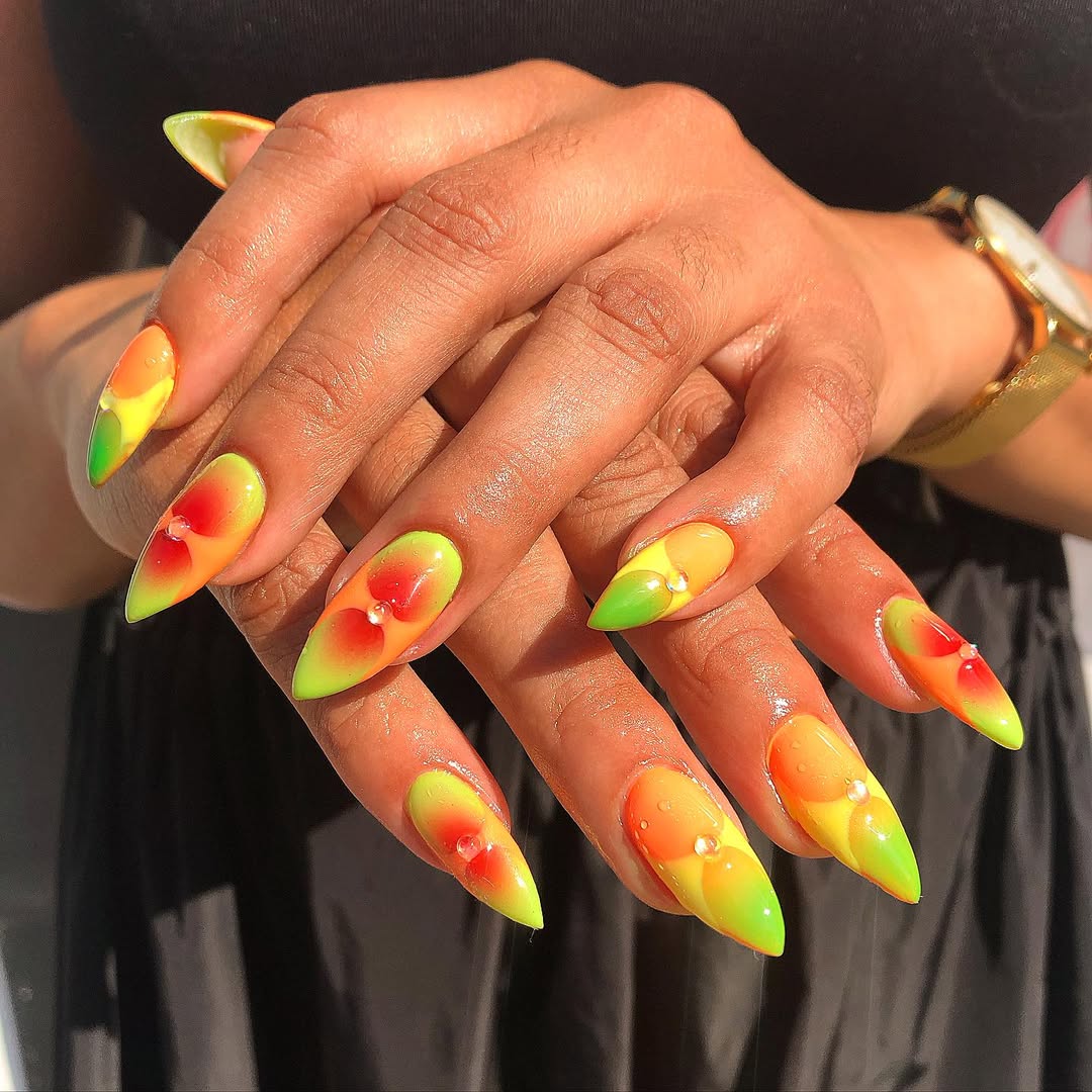 Tropical Sunset Ombre Stiletto Nails With Water Droplets