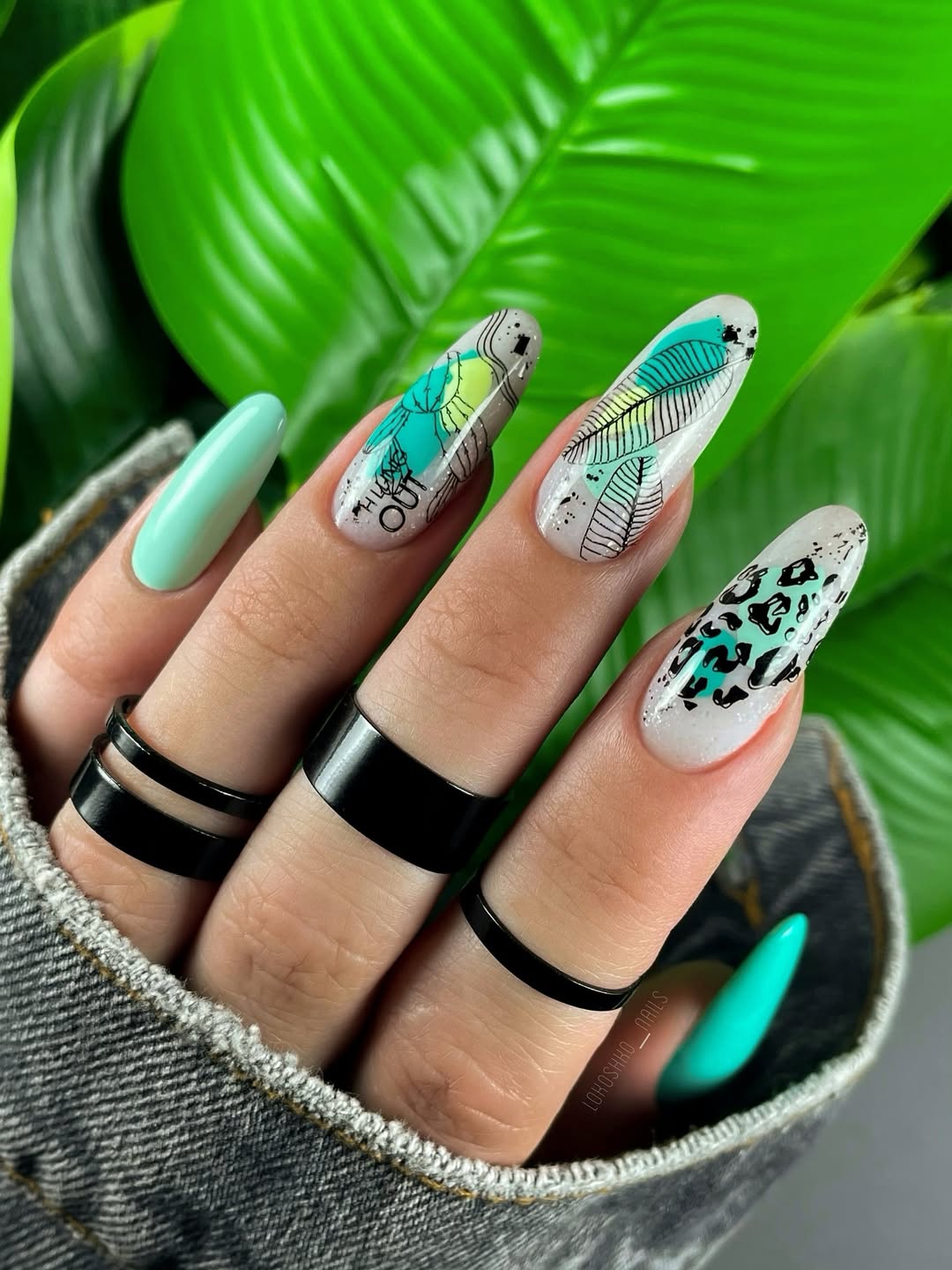 Tropical Teal Glitter Almond Nails with Detailed Art