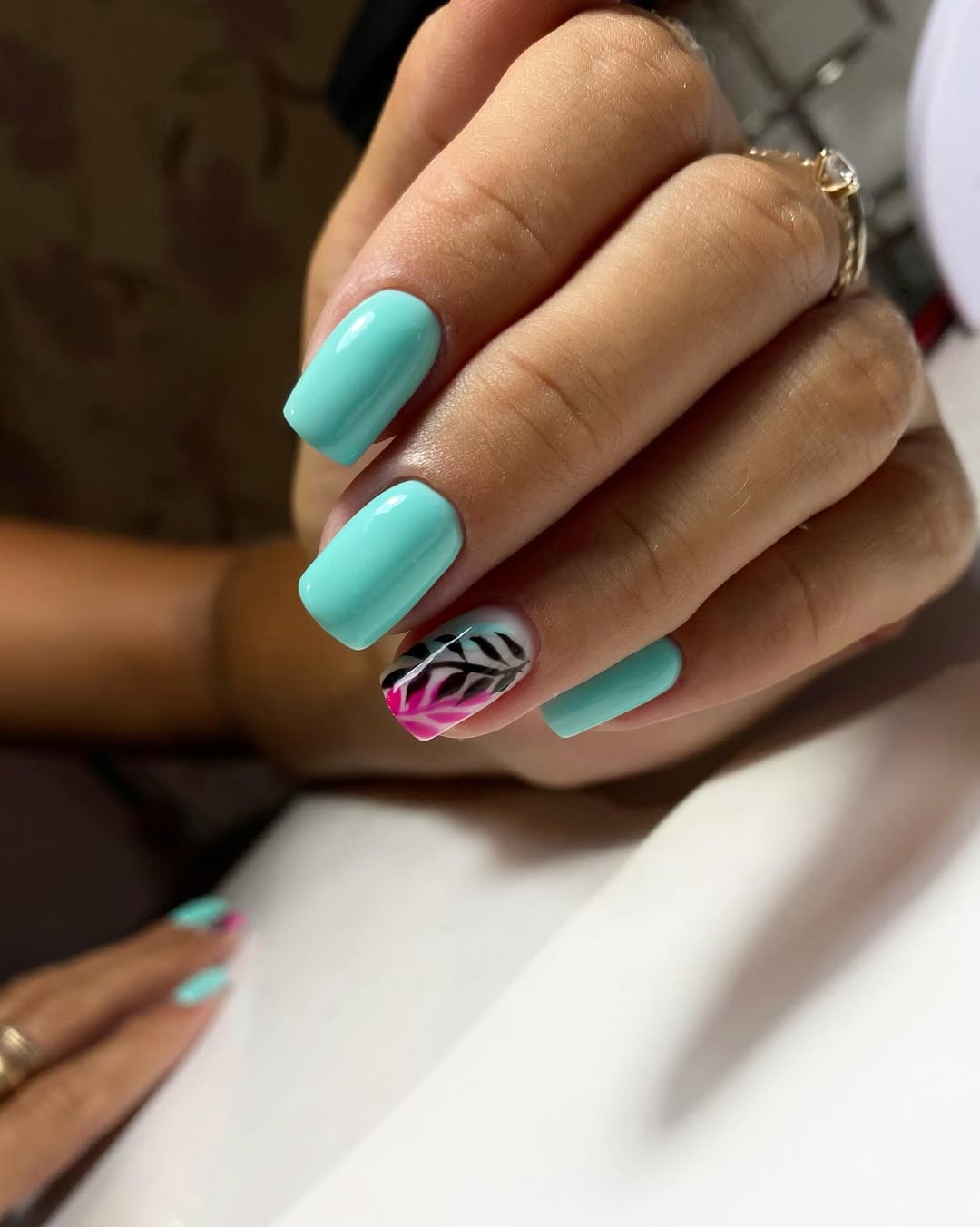 Tropical Teal Pink Palm Leaf Accent Square Nails