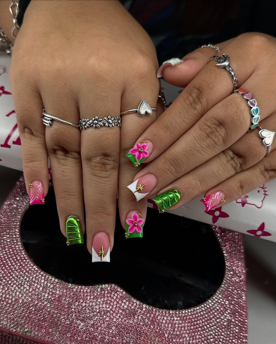 Vibrant 3D Floral And Chrome Square French Tips