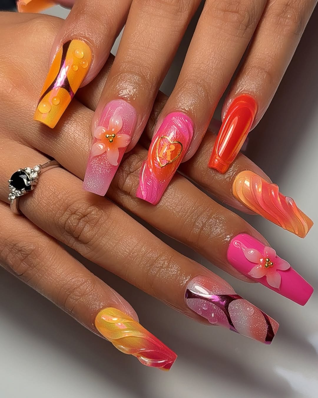 Vibrant 3D Jelly Flower Swirl Coffin Nails