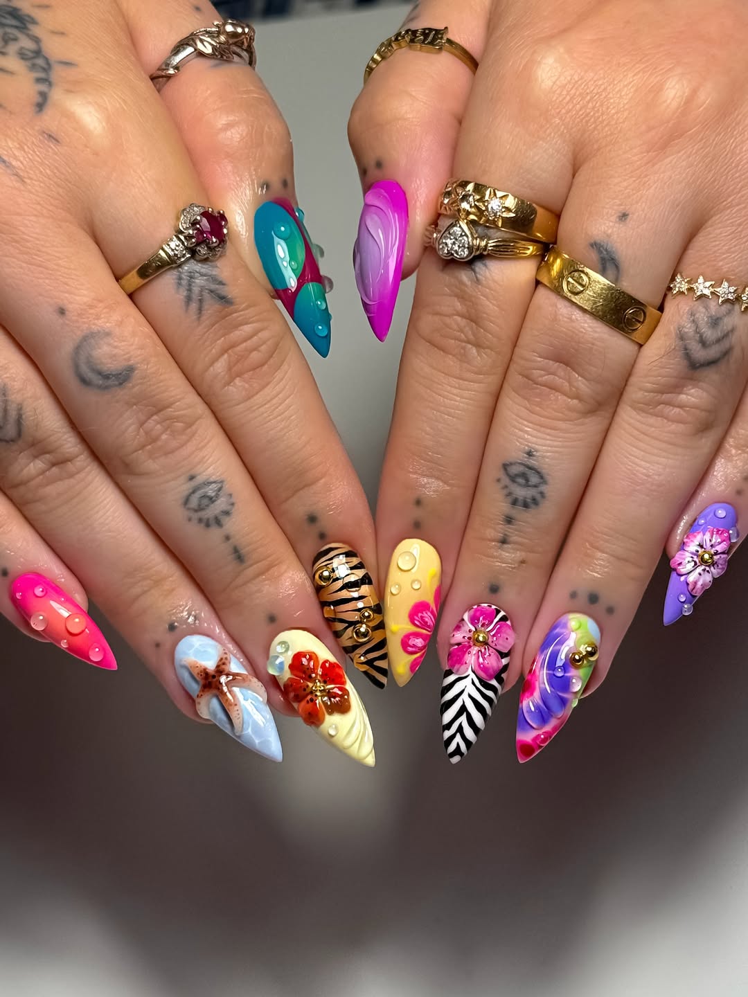 Vibrant 3D Tropical Vacation Stiletto Nails