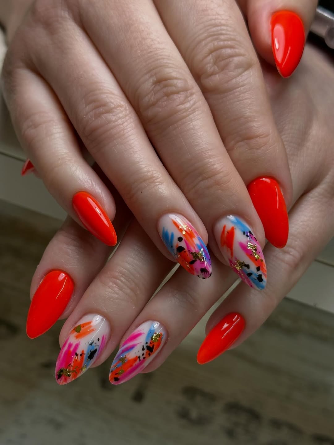 Vibrant Abstract Orange and Gold Leaf Statement Nails