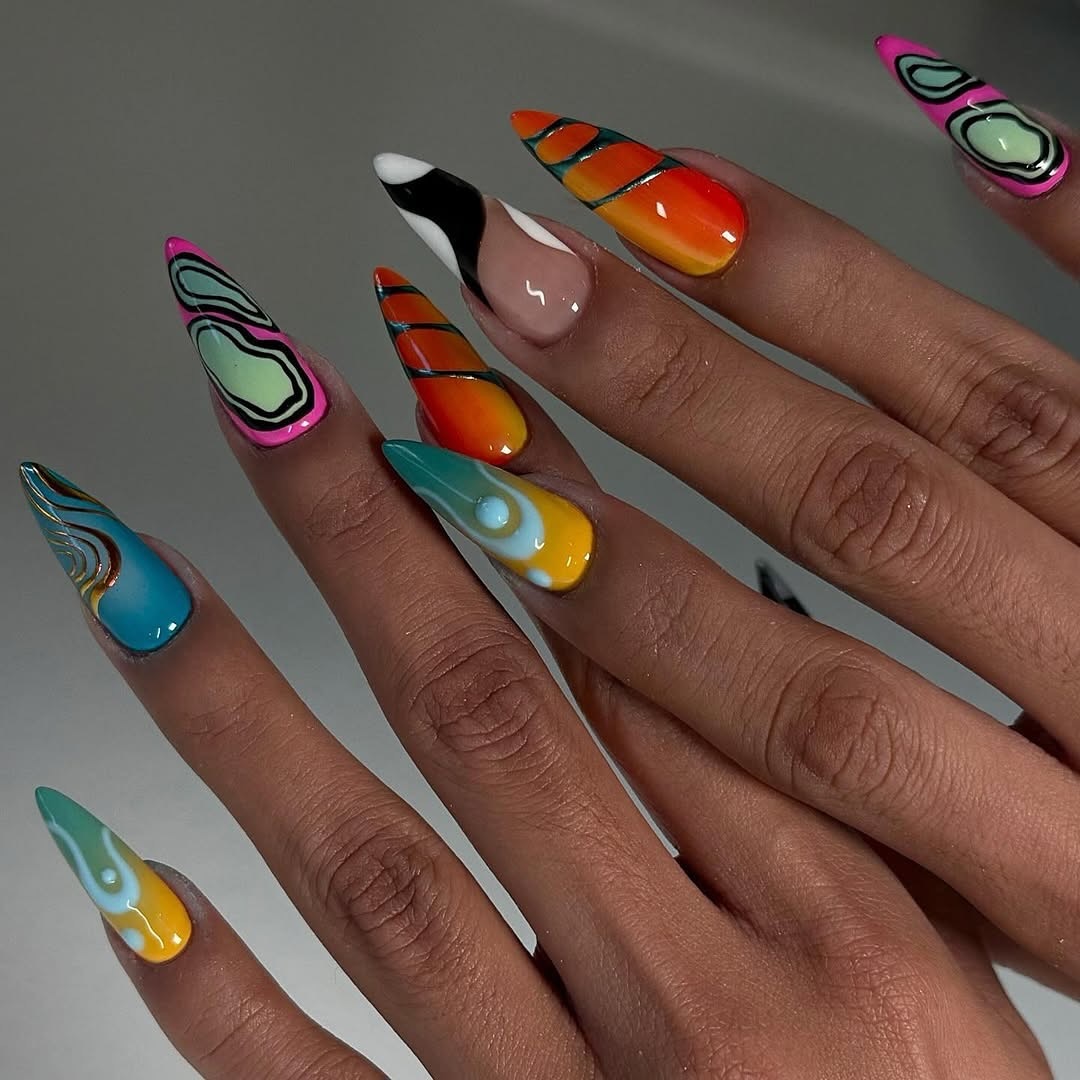 Vibrant Abstract Swirls Extra Long Stiletto Nails