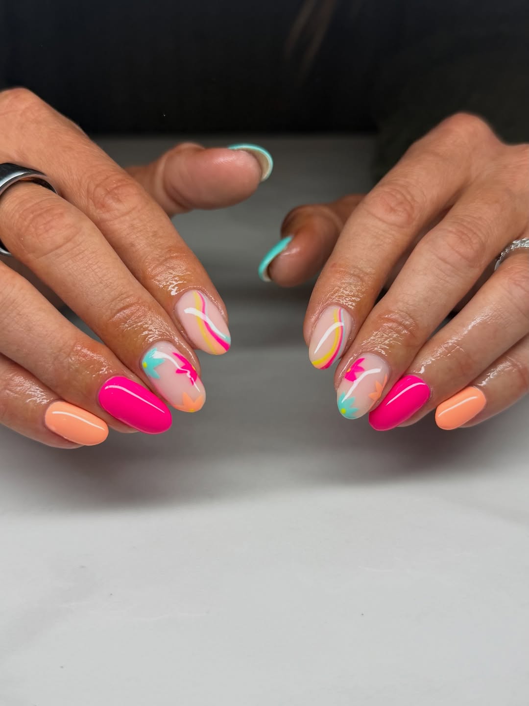 Vibrant Abstract Swirls Neon Flower Vacation Summer Nails