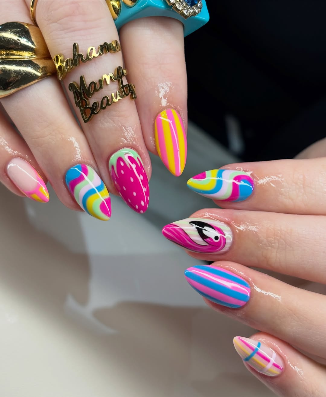 Vibrant Abstract Swirls with Playful Strawberry Design