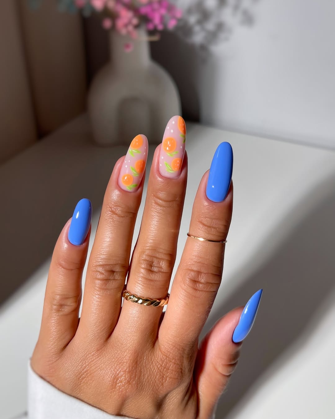 Vibrant Blue Orange Citrus Accent Nails