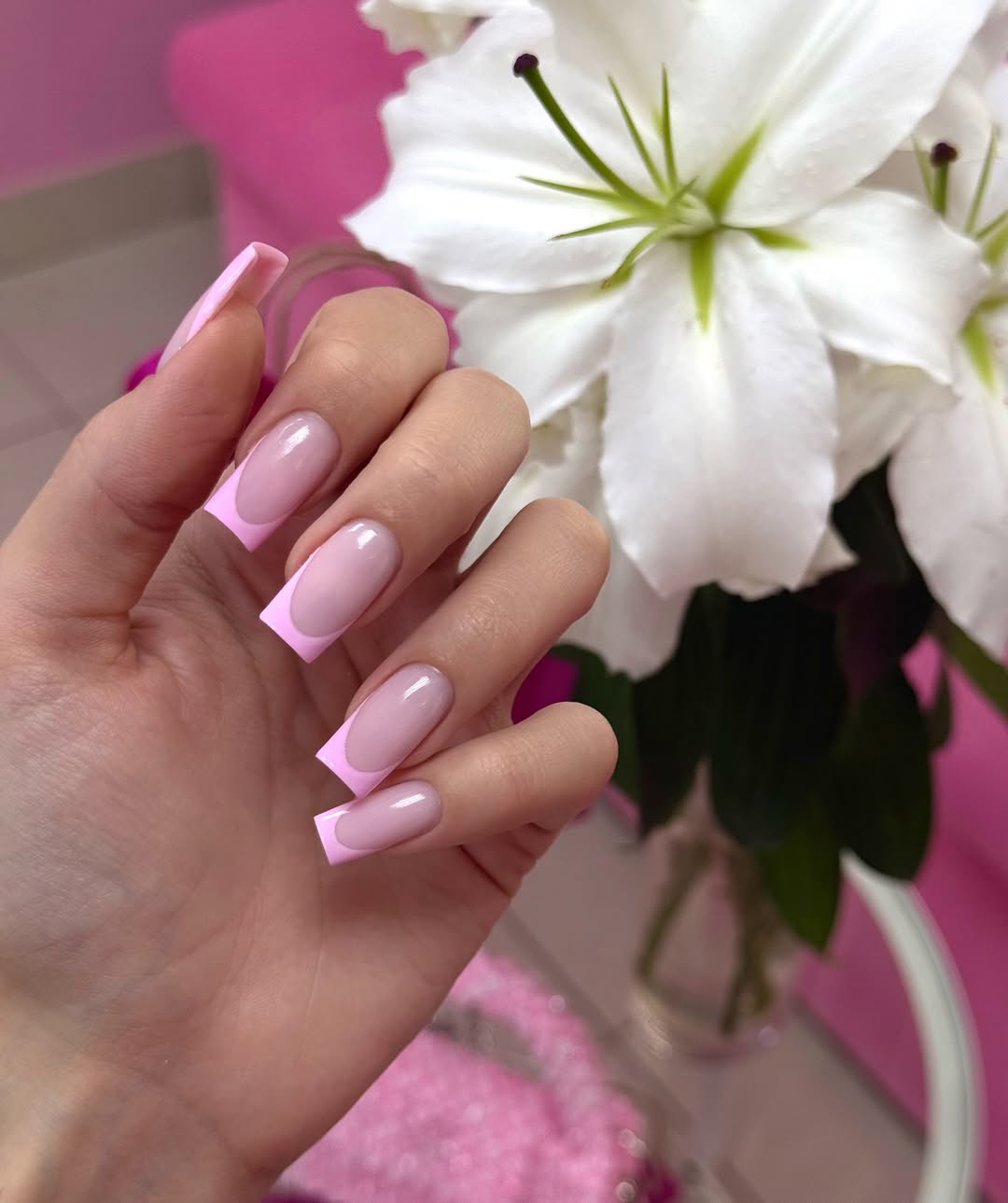 Vibrant Bubblegum Pink Long Square French Tips