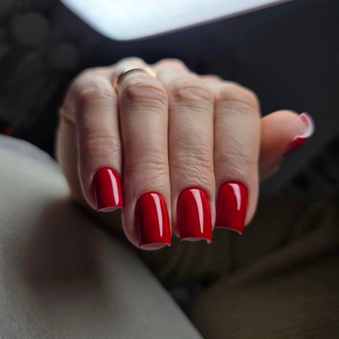 Vibrant Cherry Red Glossy Short Round Nails