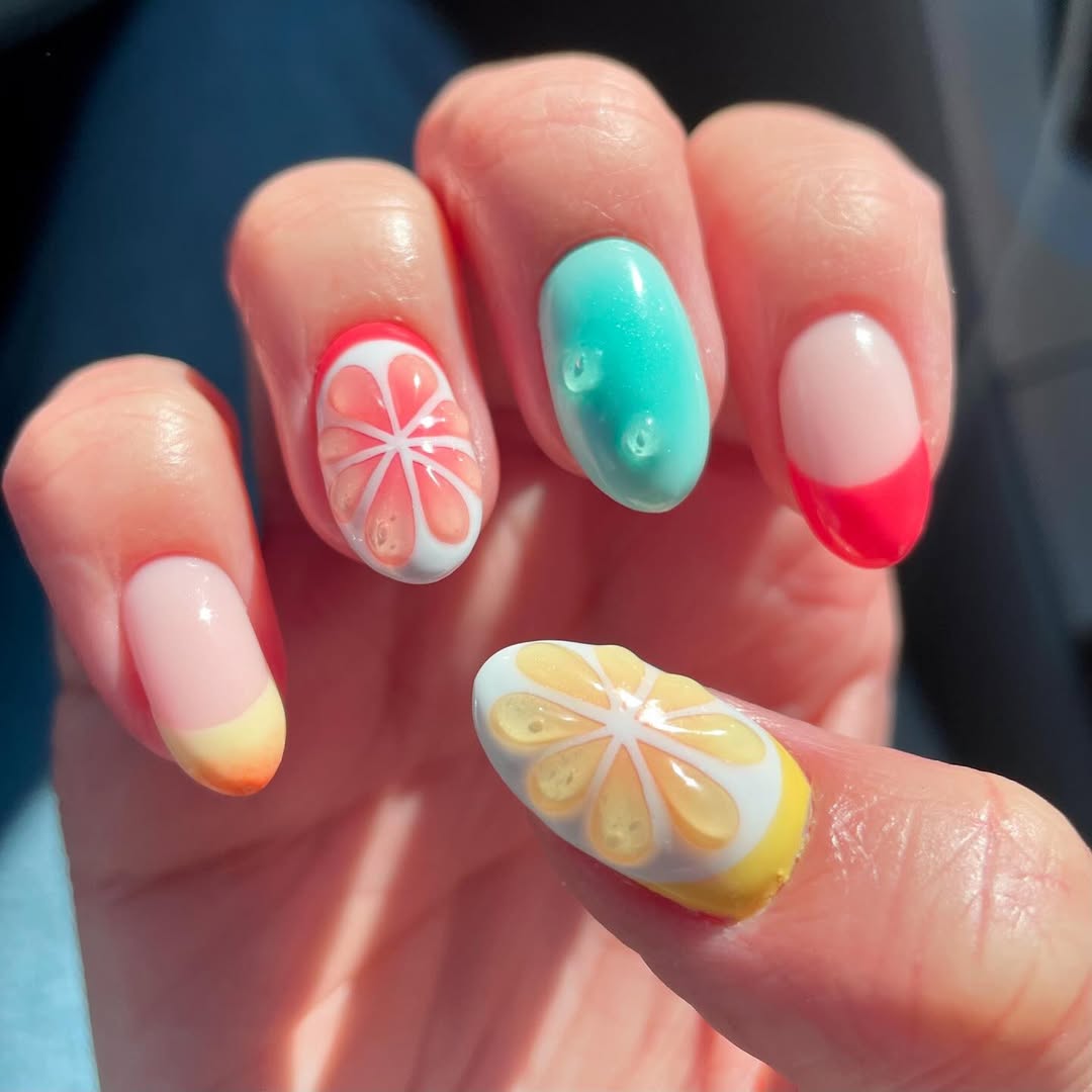 Vibrant Citrus Fruit Art Mismatched Nails