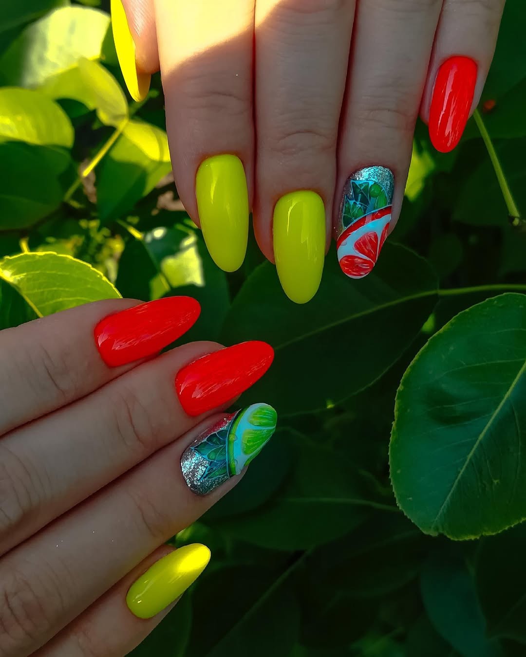 Vibrant Citrus Mismatched Neon Almond Nails
