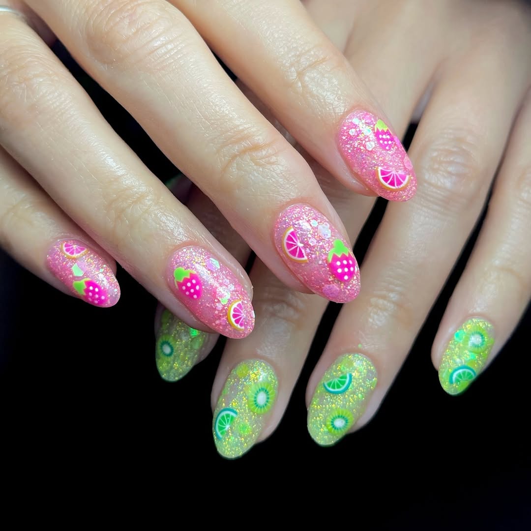 Vibrant Fruit Slice Glitter Almond Nails