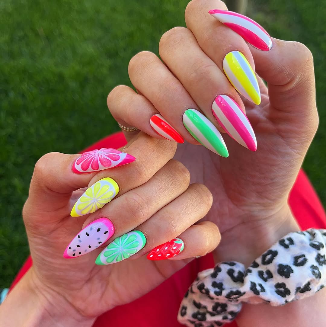 Vibrant Fruit Slice Summer Stiletto Nails