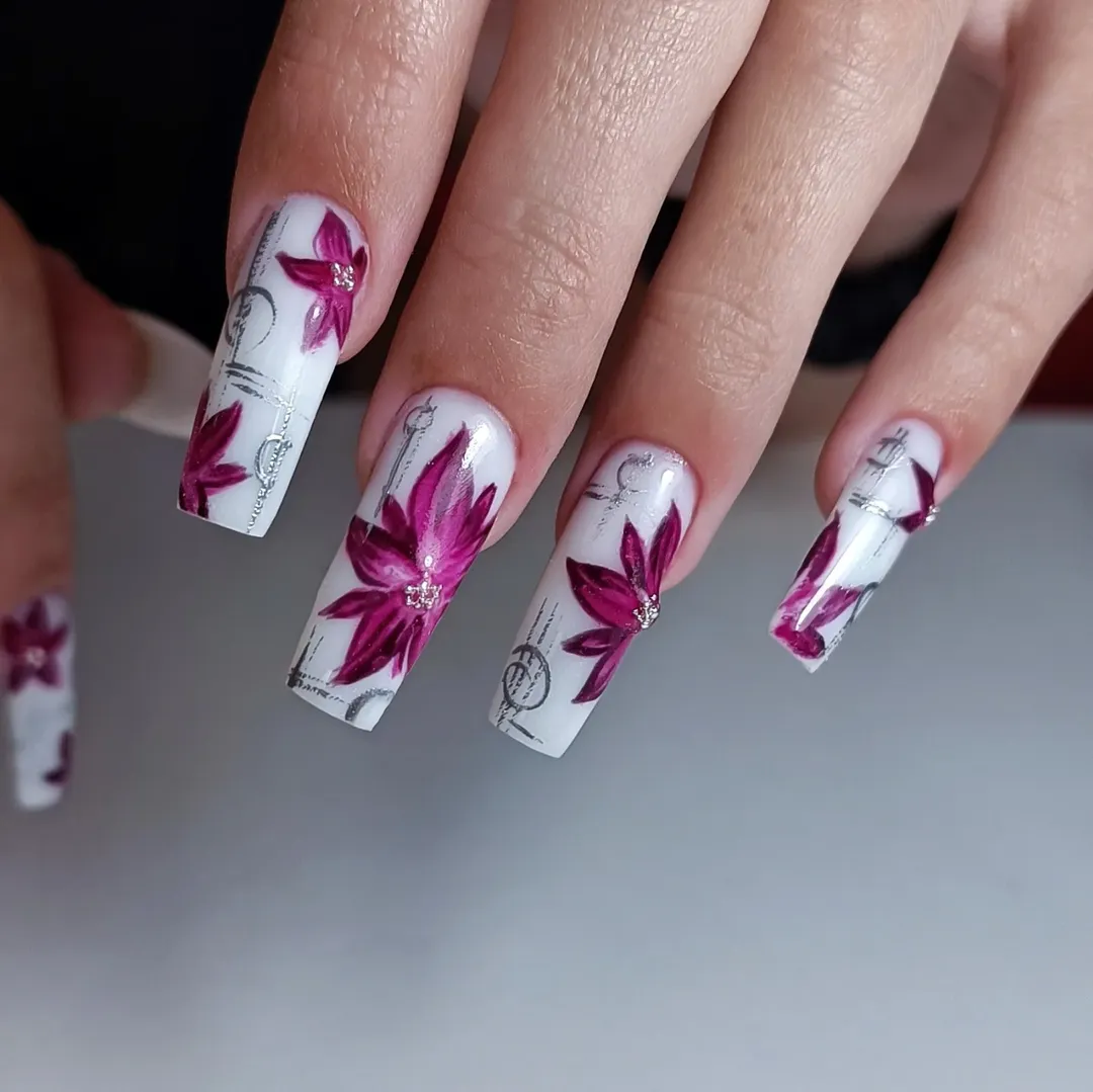 Vibrant Fuchsia Floral White Coffin Nails with Silver Accents