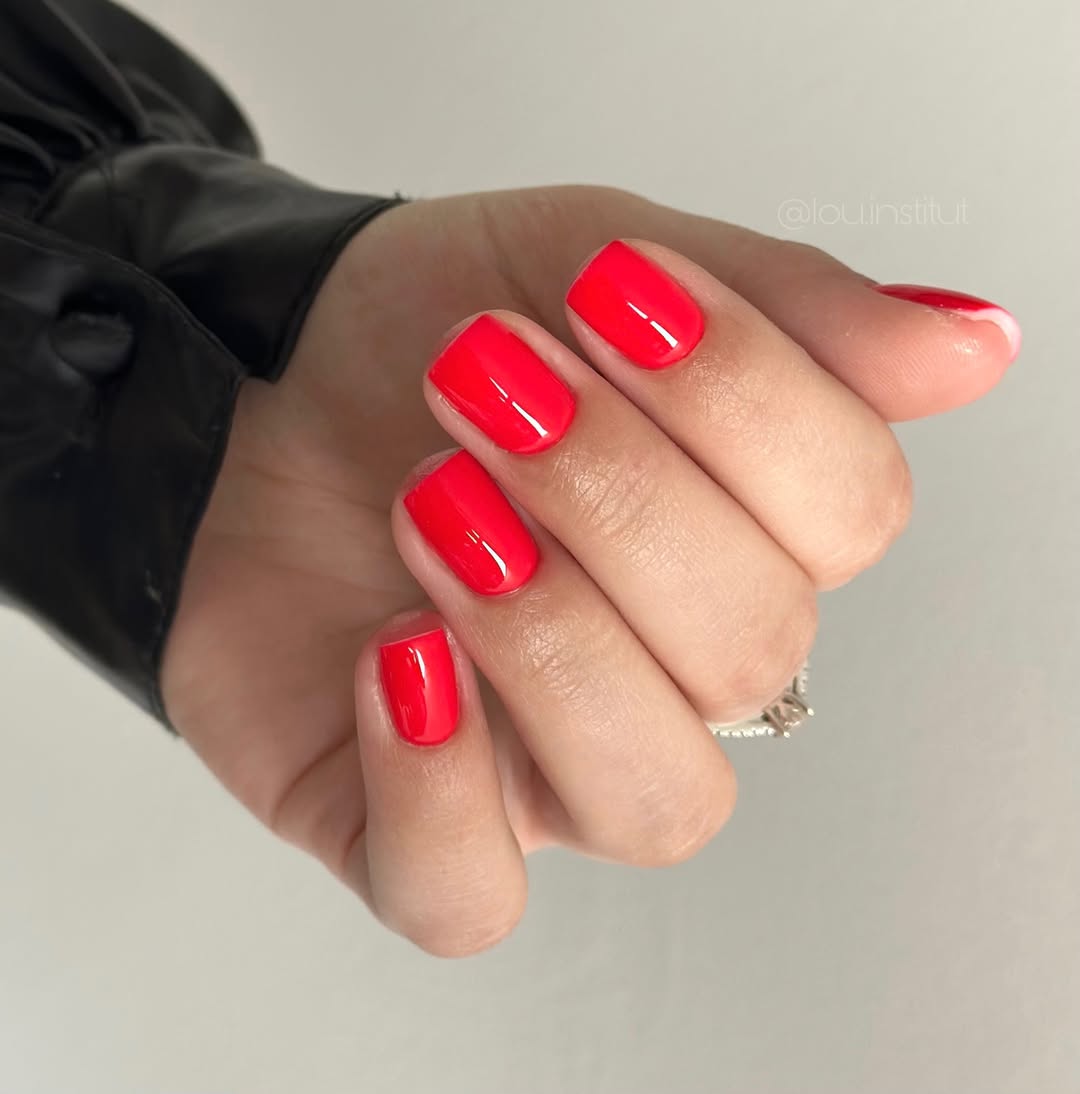 Vibrant Glossy Neon Coral Short Square Nails