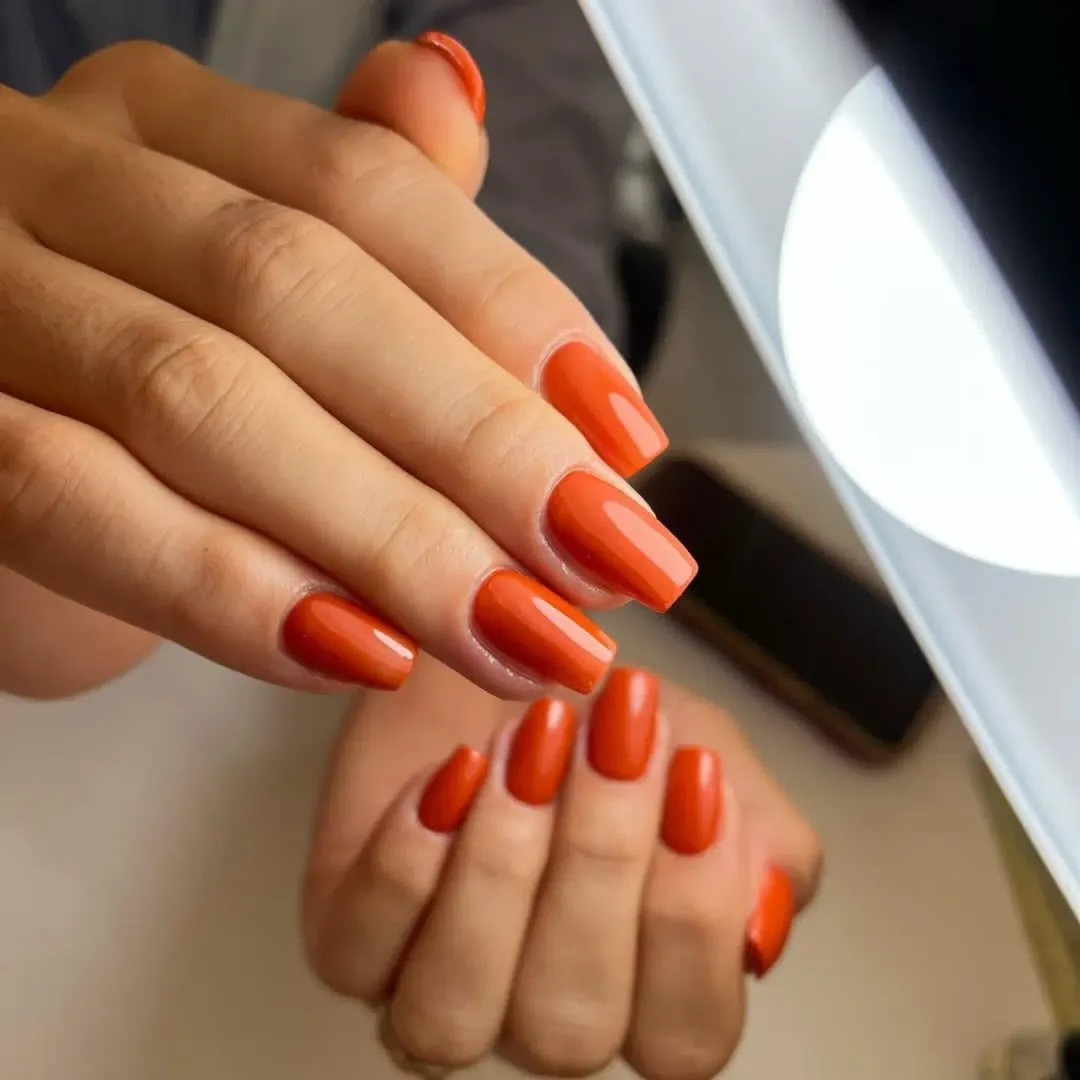 Vibrant Glossy Pumpkin Spice Coffin Nails