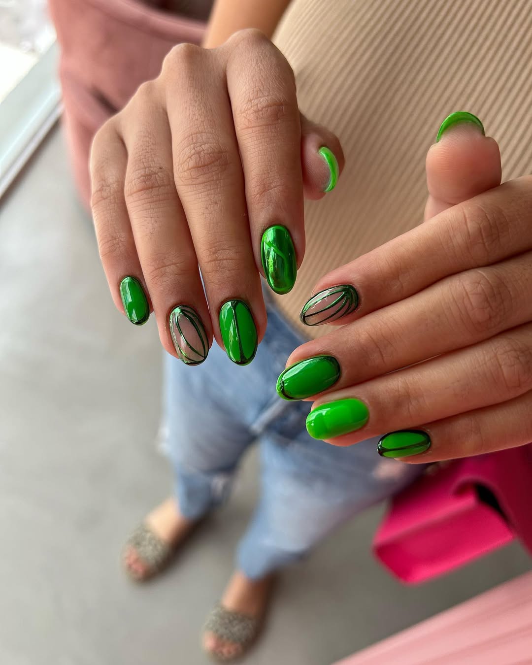 Vibrant Green Cartoon Outline Nails